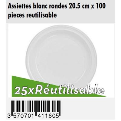 Assiette Plastique  Blanches D20.5CM Paquet de 100 Jetable ou Ré utilisable